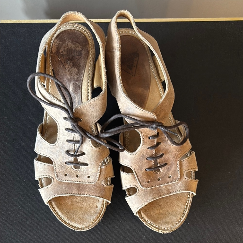 John Fluevog Tan Sandals with Lace-Up Detail